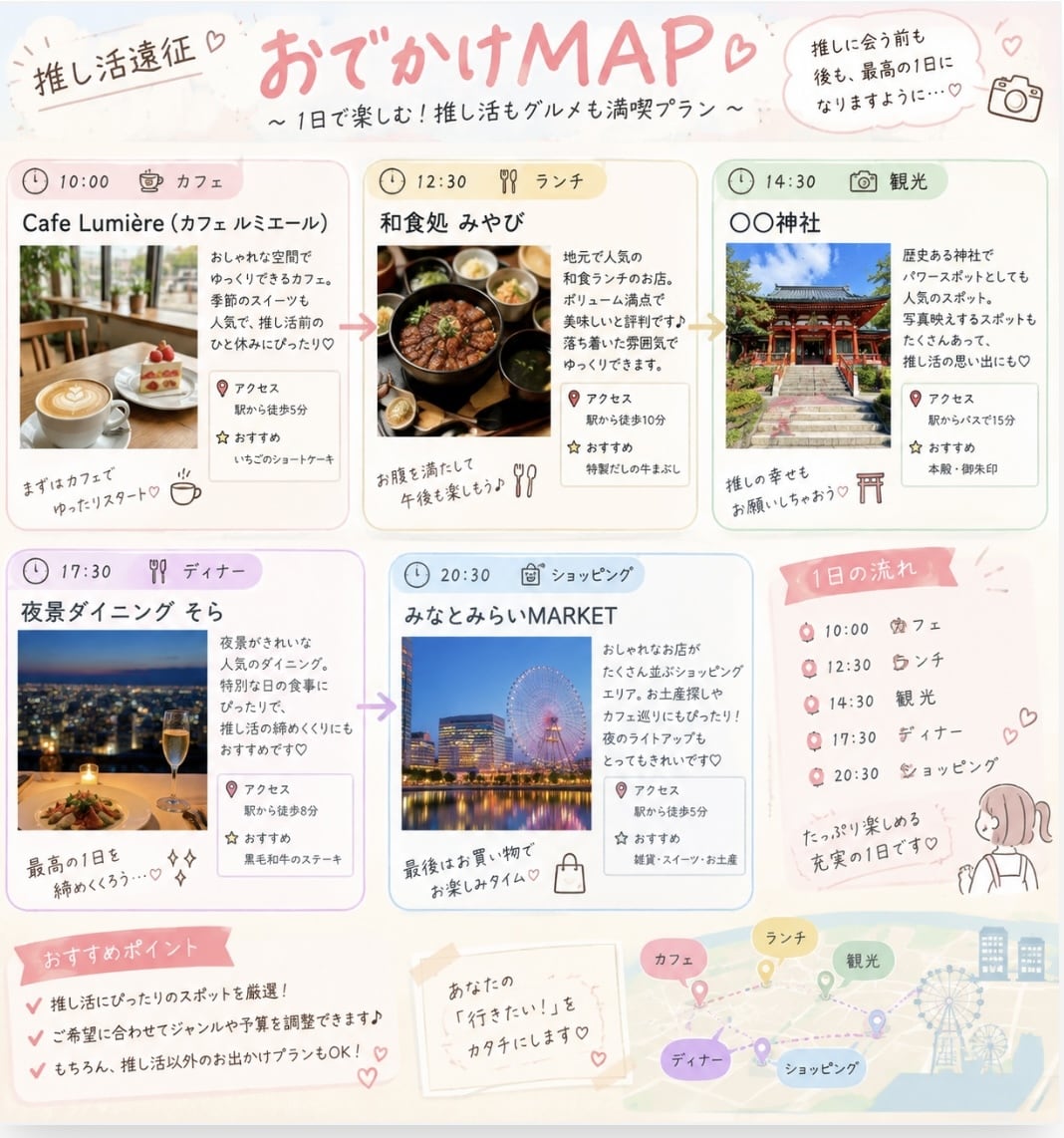 推し活遠征のご飯・観光スポットをリサーチします 遠征先のおすすめスポットを探します！ イメージ2