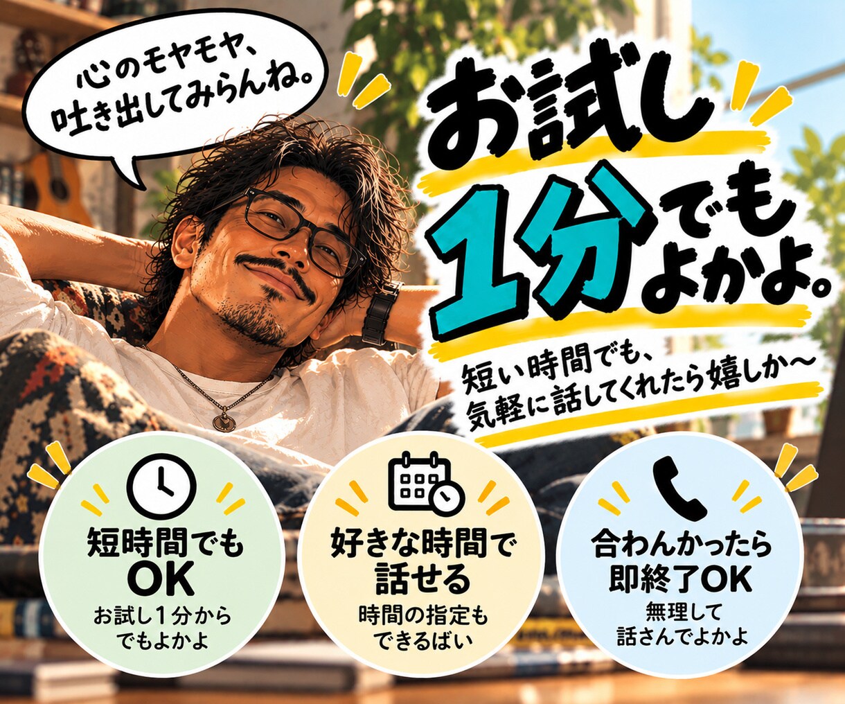 愚痴聞き・悩み相談【博多弁】話し相手になります 愚痴も雑談もOK！まとまってなくていいけん、聞かしてみらんね イメージ4
