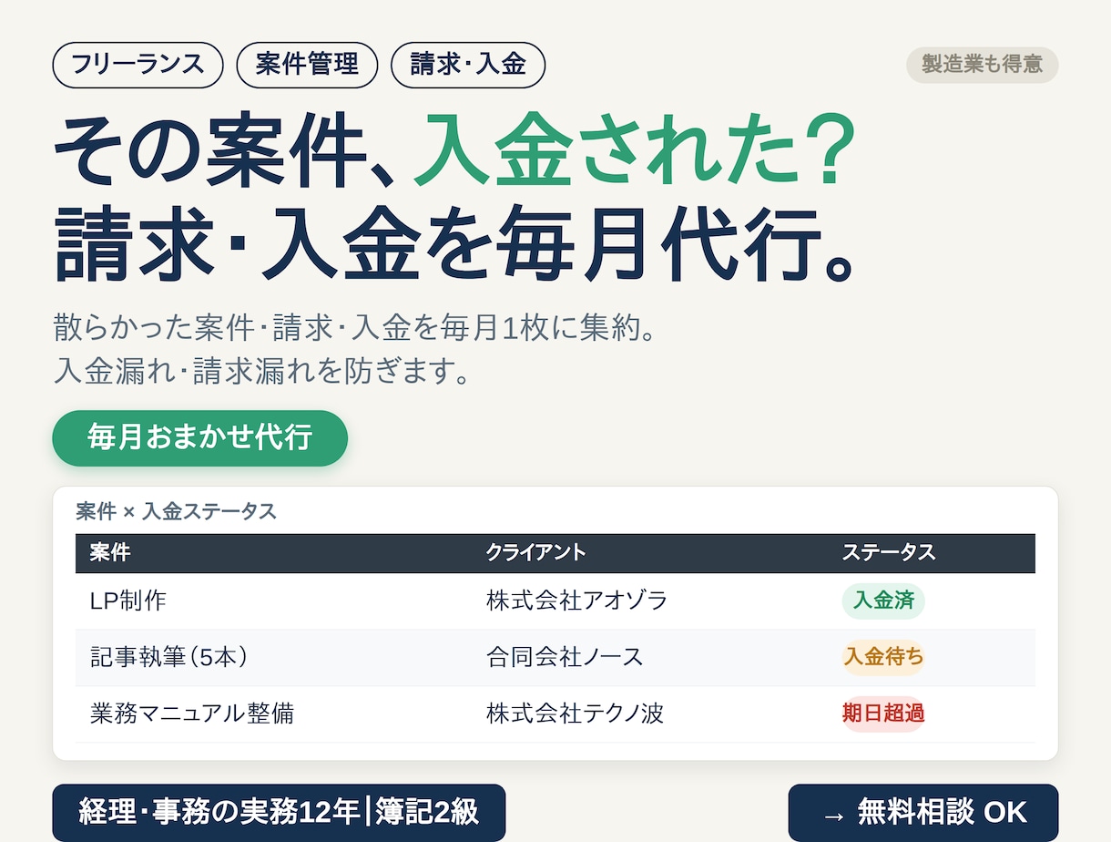 フリーランスの案件と入金を毎月まとめて代行します 経理関連実務12年｜未入金もひと目で分かる月次代行 イメージ2