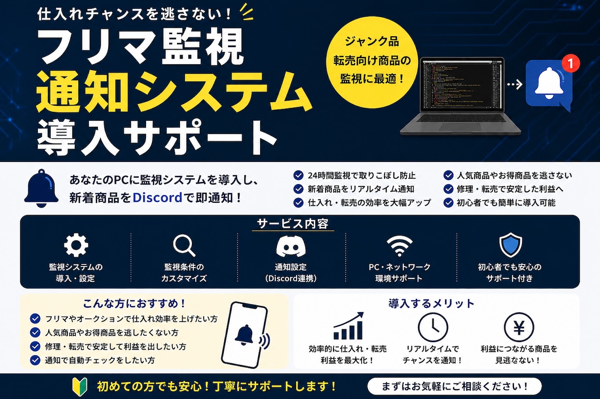 副業などのメルカリ仕入れ監視通知導入サポートします ・買い切りの為初期費用だけ！・画面に張り付かなくて大丈夫！ イメージ1