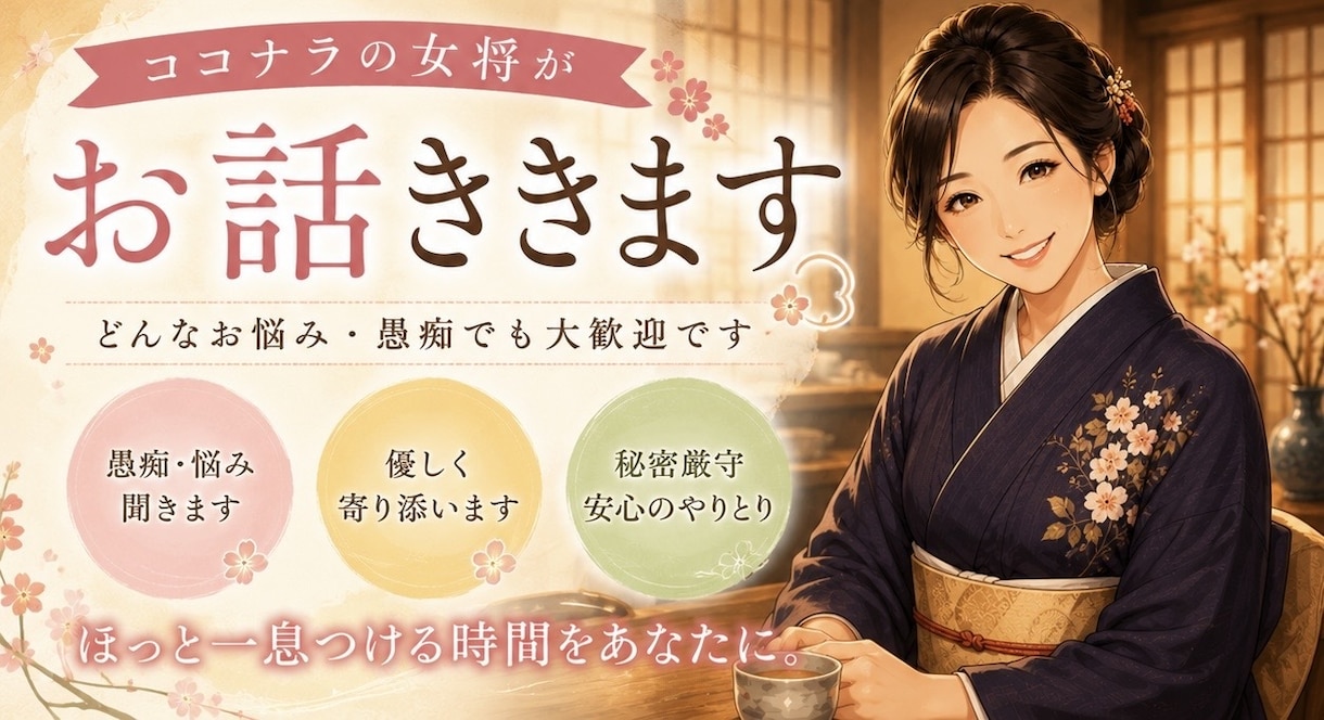 料理屋女将が、あなたのお悩みじっくり聞きます 話すだけで、ちょっと楽になる。ここが今夜の駆け込み寺。 イメージ1