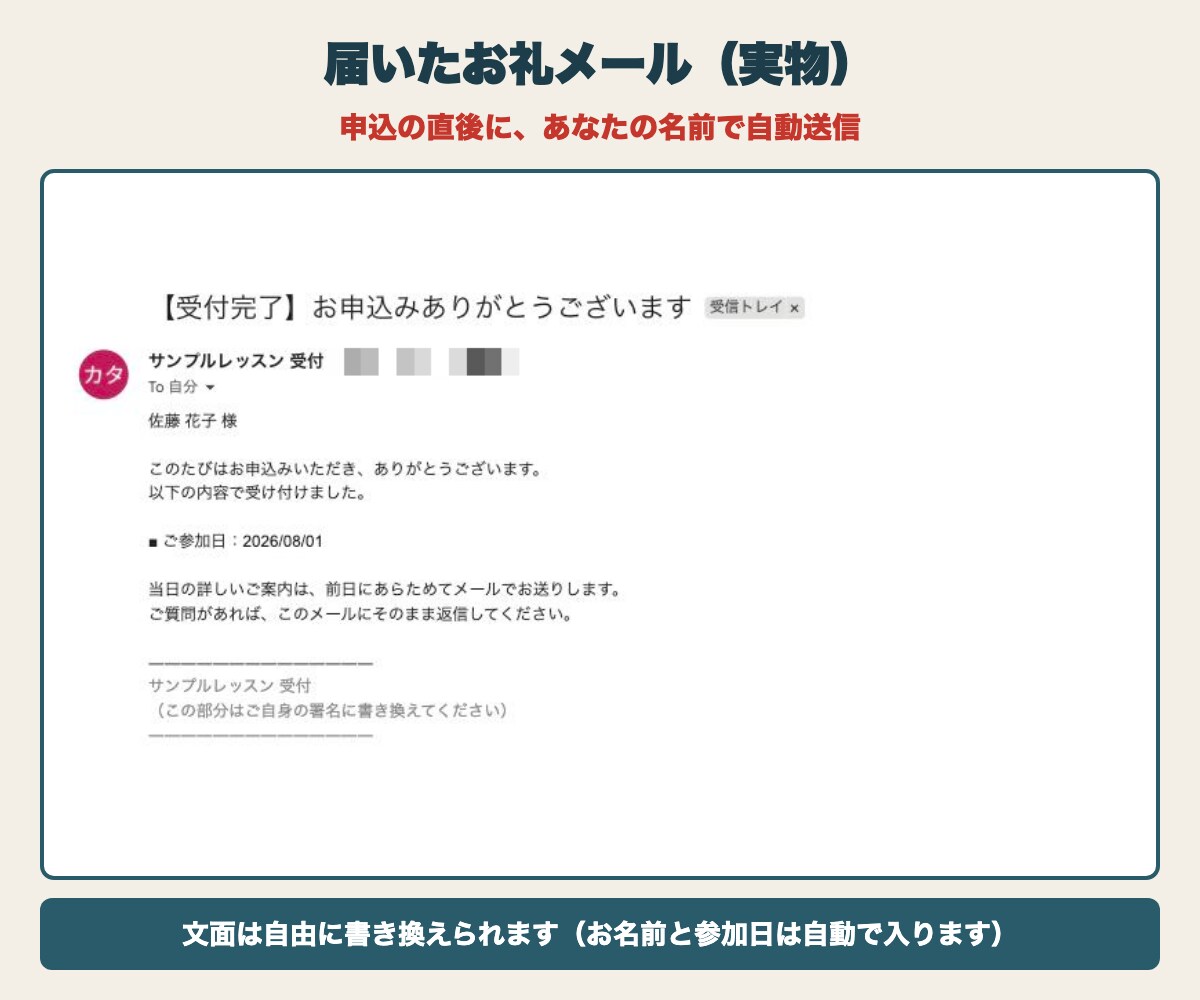 スプレッドシートで教室の予約受付を自動化します 申込→お礼→名簿→前日連絡まで自動。設置14分・サポート付 イメージ5
