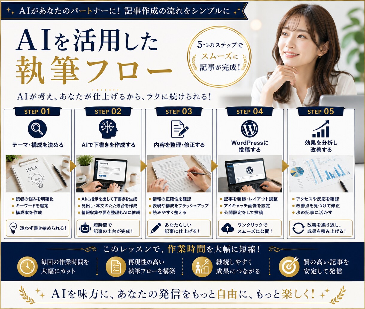 AIで記事を書き続ける仕組みを一緒に作ります AI任せではなく、あなた専用の執筆フローを一緒に設計します イメージ4