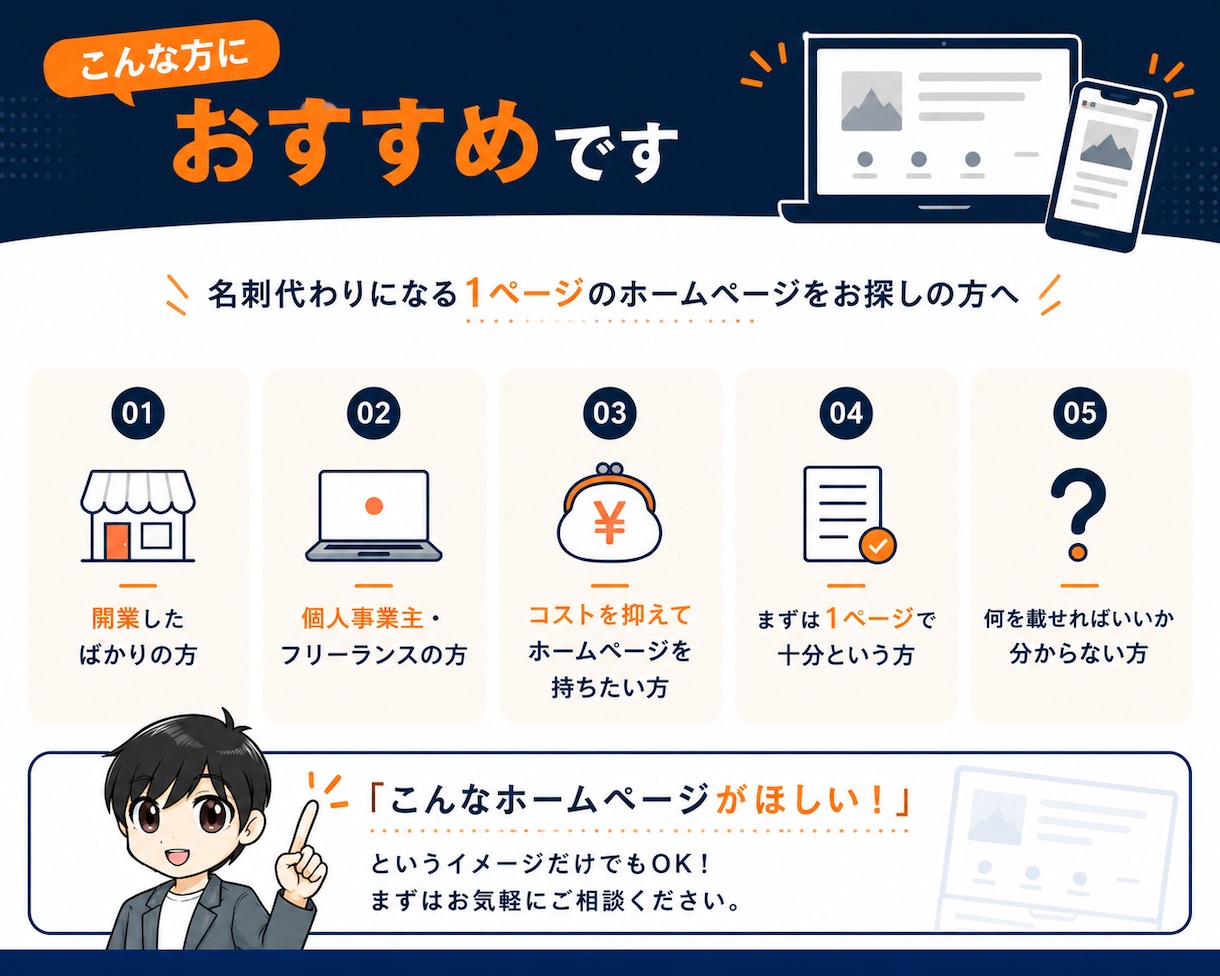 5万円で1ページホームページを制作します 開業・個人事業主向け|WordPressで自分で更新可能 イメージ2