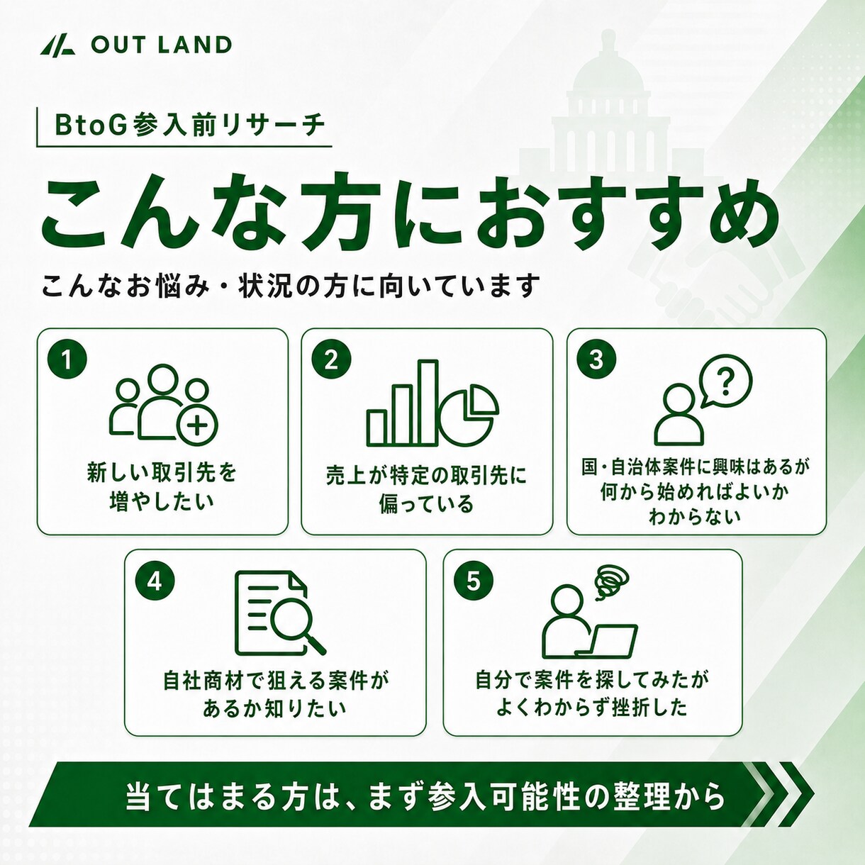 BtoG(自治体入札)参入検討リサーチします 公開案件を調べ、自社商材で狙える分野と参入の次の一手を整理 イメージ5