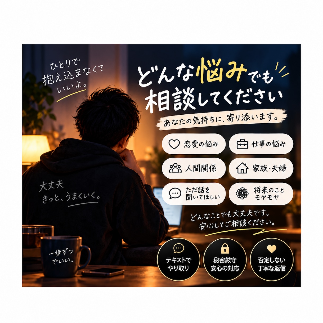 どんな悩みでも本気で相談に乗ります 誰にも言えない悩み、気軽に話してください イメージ1