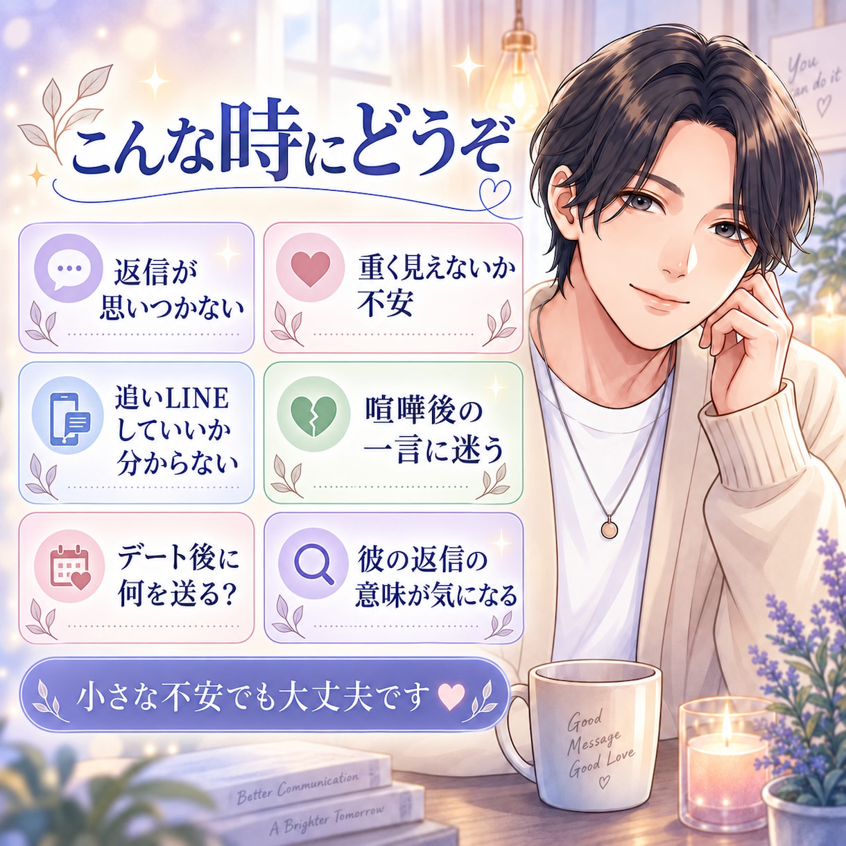 彼に送るLINEを男性目線で一緒に考えます 重く見えない自然な返信を3パターン提案します イメージ2