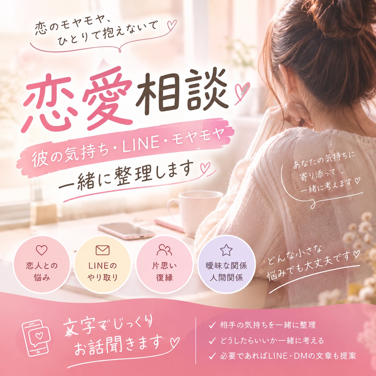 恋愛相談丨彼の気持ち・LINE・モヤモヤ聞きます 彼の気持ちやLINEの悩みを一緒に整理します イメージ1