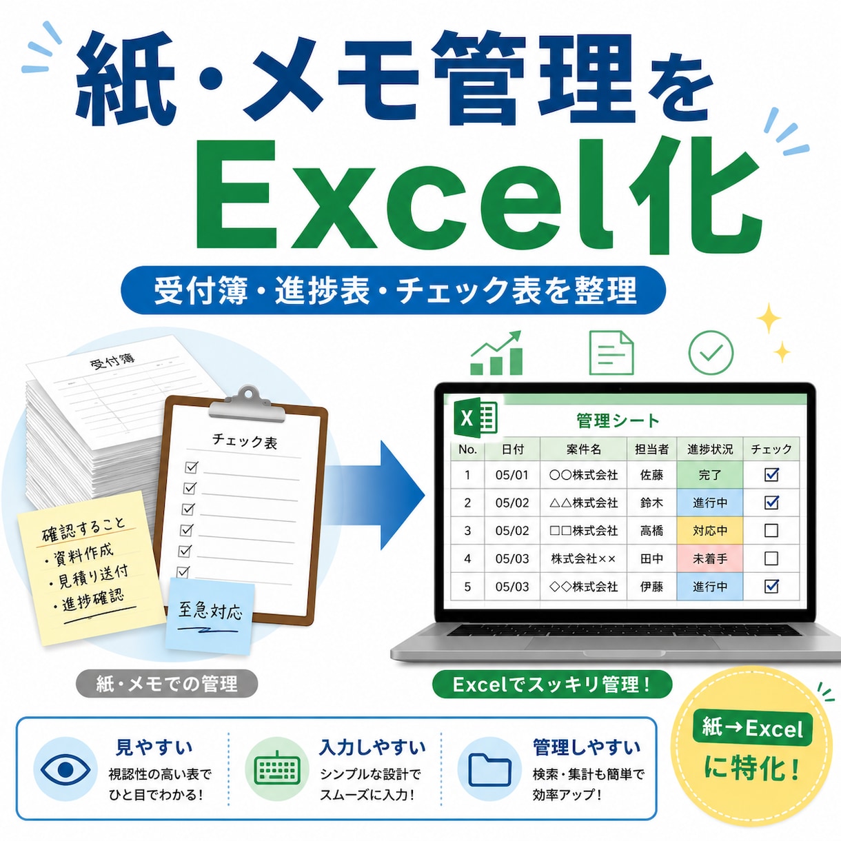 紙・メモ管理をExcel管理に移行支援します 紙で管理しているものをExcelにしたい　に特化したサービス イメージ1
