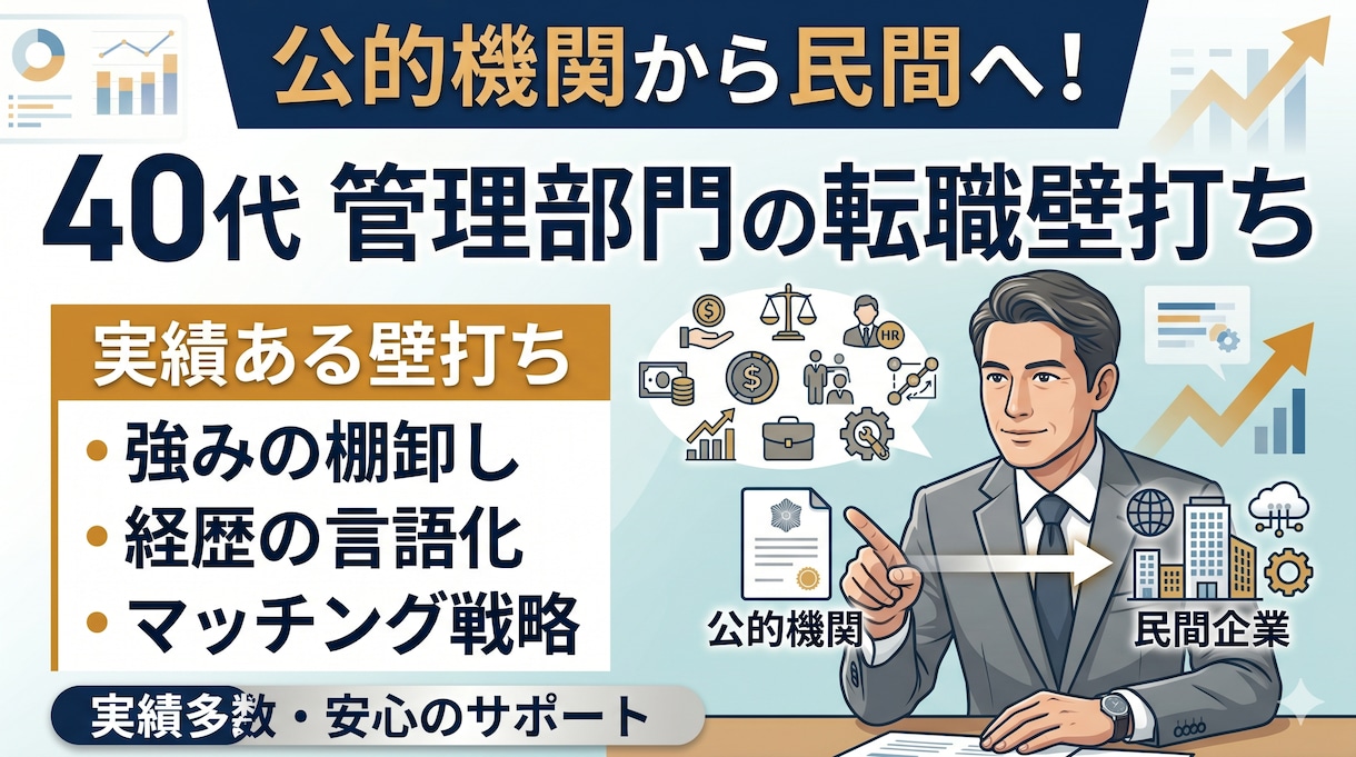 公的機関から民間！40代転職に向けた壁打ちします 40代・公的機関から民間へ！経歴を強みに変える管理部門壁打ち イメージ1