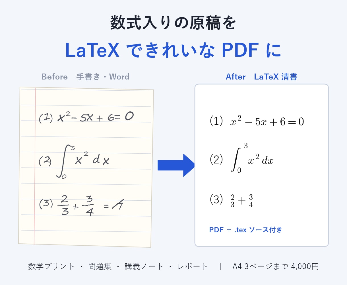 手書き・Wordの数式をLaTeXで清書します 数学プリント・問題集・講義ノートをきれいなPDFに イメージ1