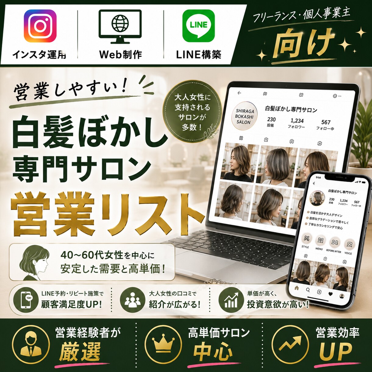 営業しやすい白髪ぼかし専門サロンリストを売ります インスタ運用・Web制作・LINE構築向け厳選リスト① イメージ1