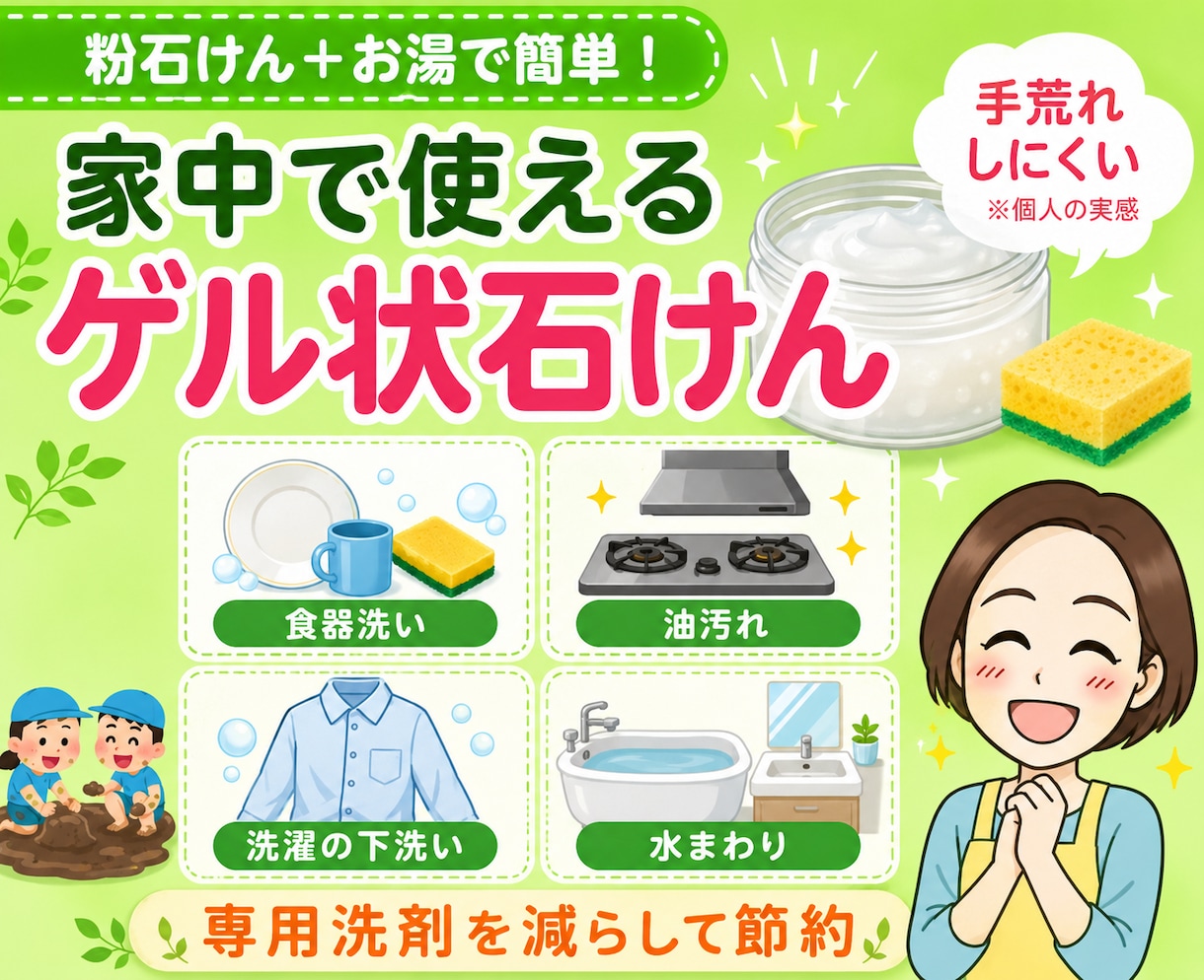 家中で使えるゲル状石けんの作り方教えます ★粉石けん1袋でたっぷり作れる！専用洗剤を減らして節約 イメージ1