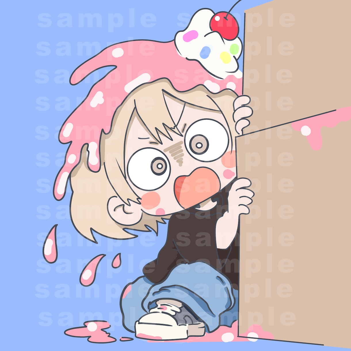 ドタバタ系デフォルメキャラ描きます 頭から何かをかぶった驚きキャラを楽しく描きます イメージ1