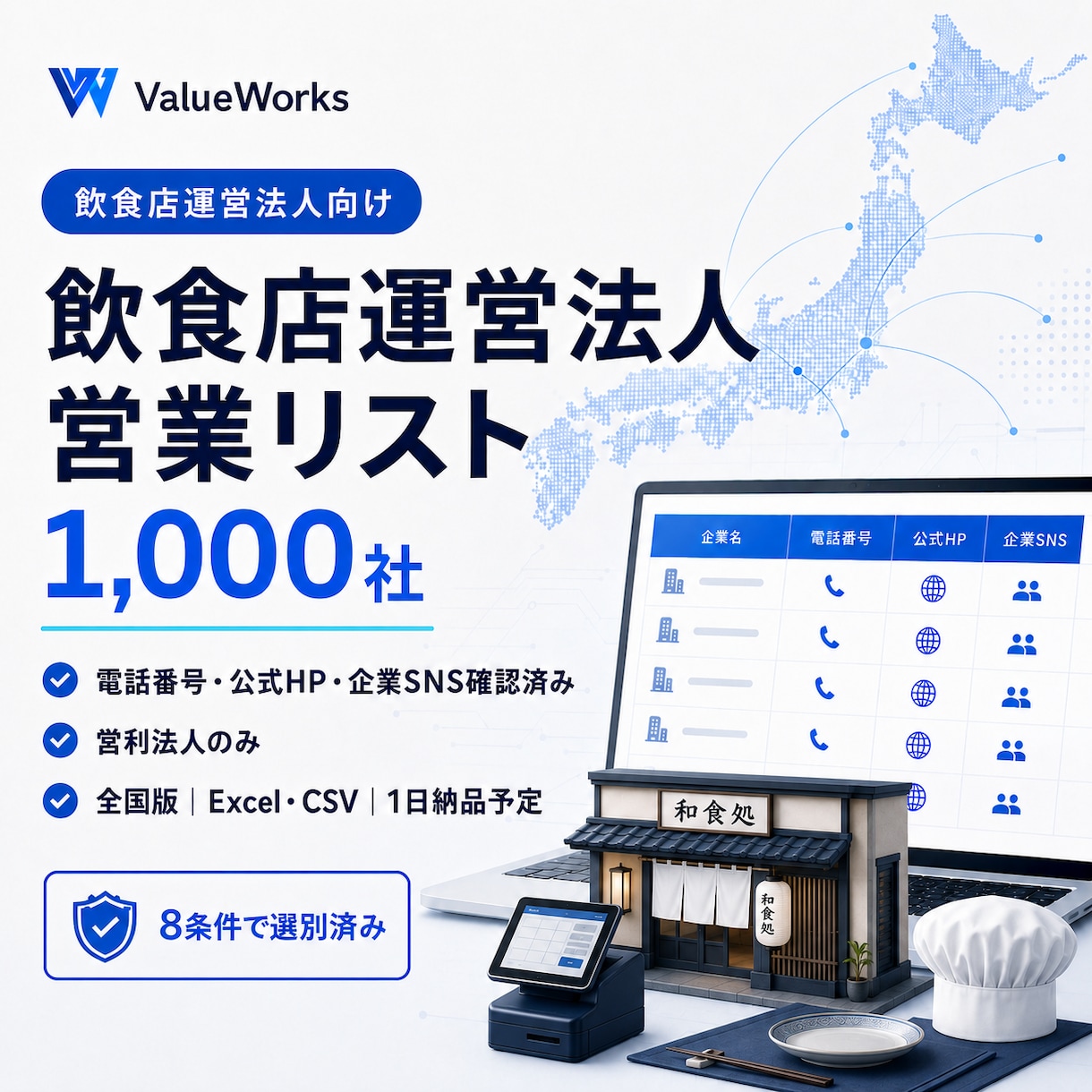 飲食店運営法人リスト1000社を納品します 電話・公式HP・企業SNS付き｜8条件で選別済み イメージ1