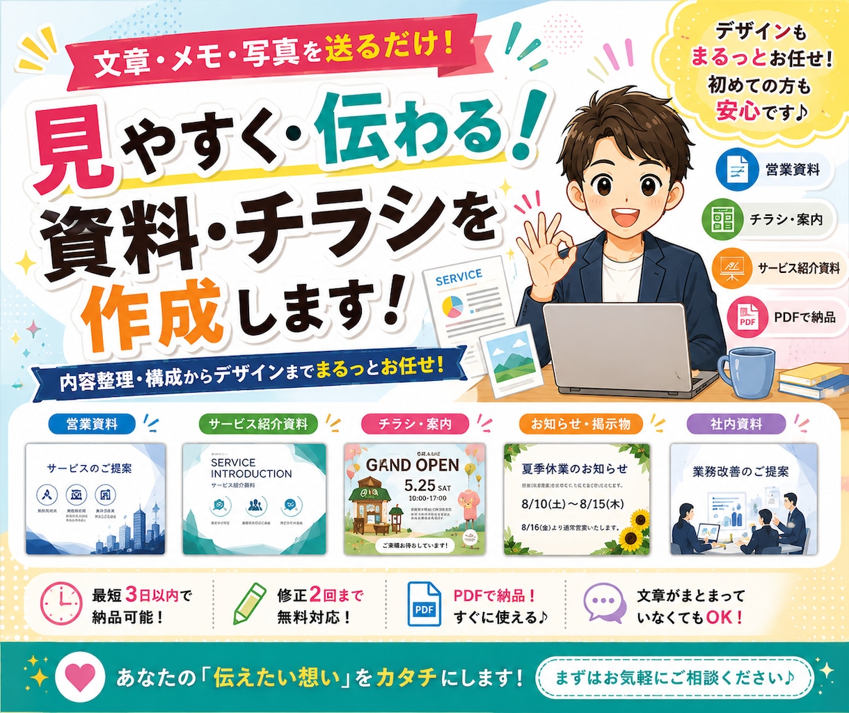 文章・メモから伝わるチラシを作成します 文章がまとまってなくてもOK！丸ごとお任せ イメージ1