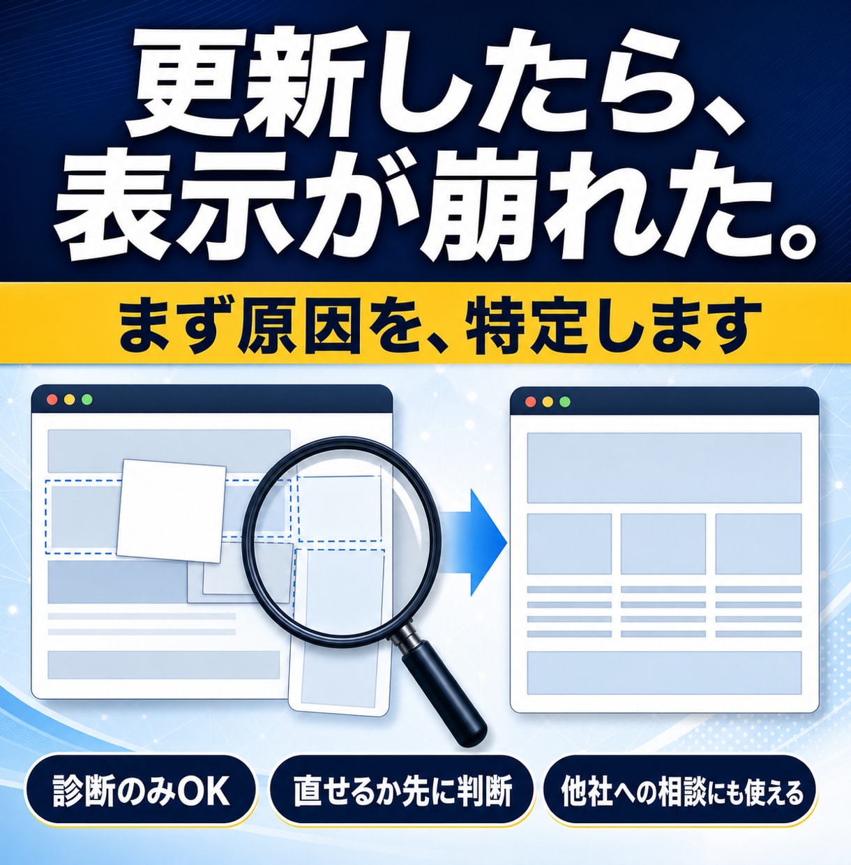 ホームページの表示崩れの原因を診断します 崩れた原因を特定し、直せるかどうかを先にお伝えします イメージ1