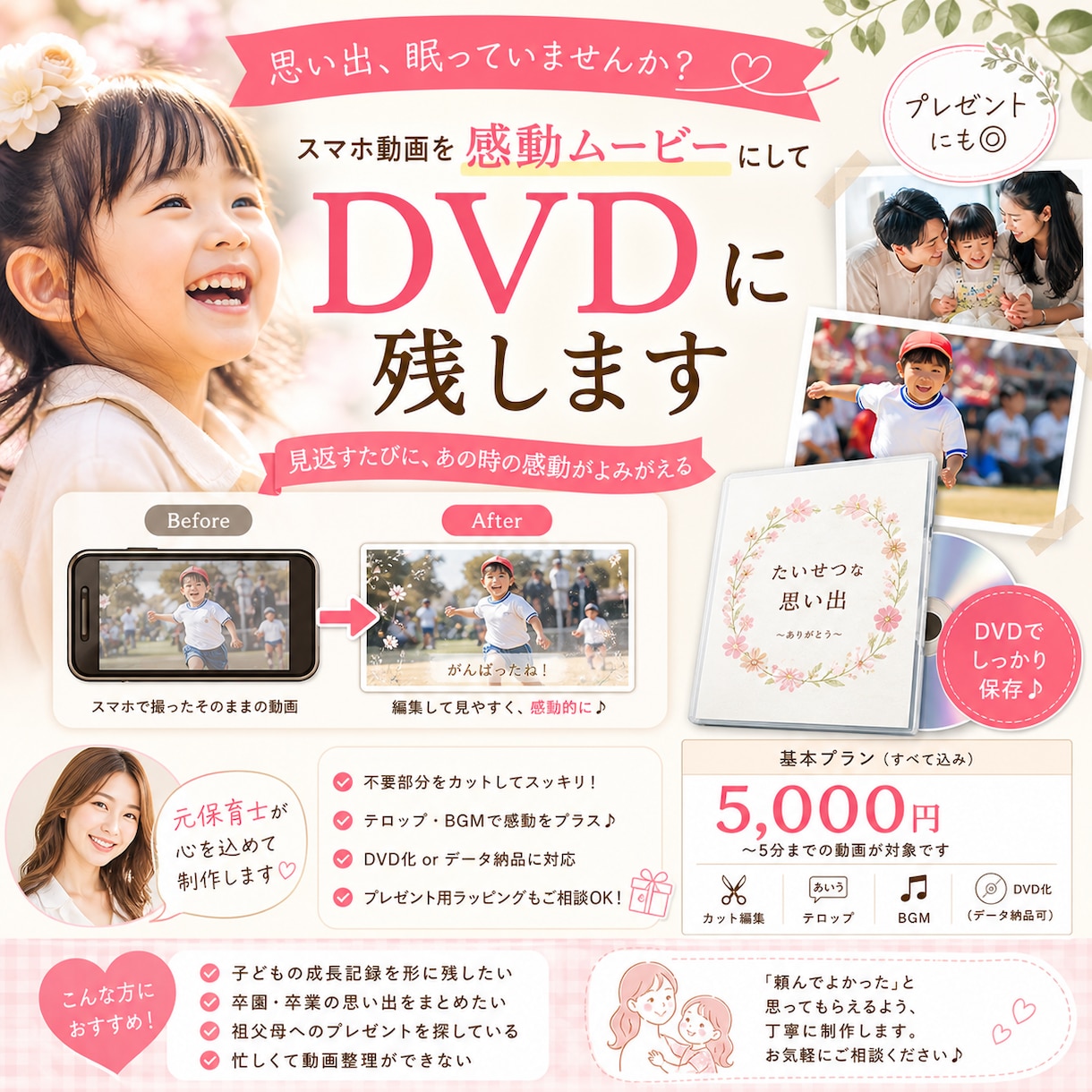 思い出動画を感動ムービーに仕上げます DVD化OK!元保育士が丁寧に制作します。 イメージ1