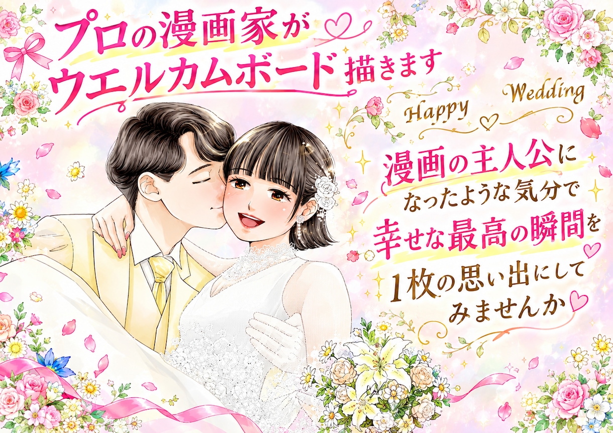 少女漫画風のウエルカムボード描きます 少女漫画の主人公になれる♡幸せいっぱいの二人の世界を描きます イメージ1