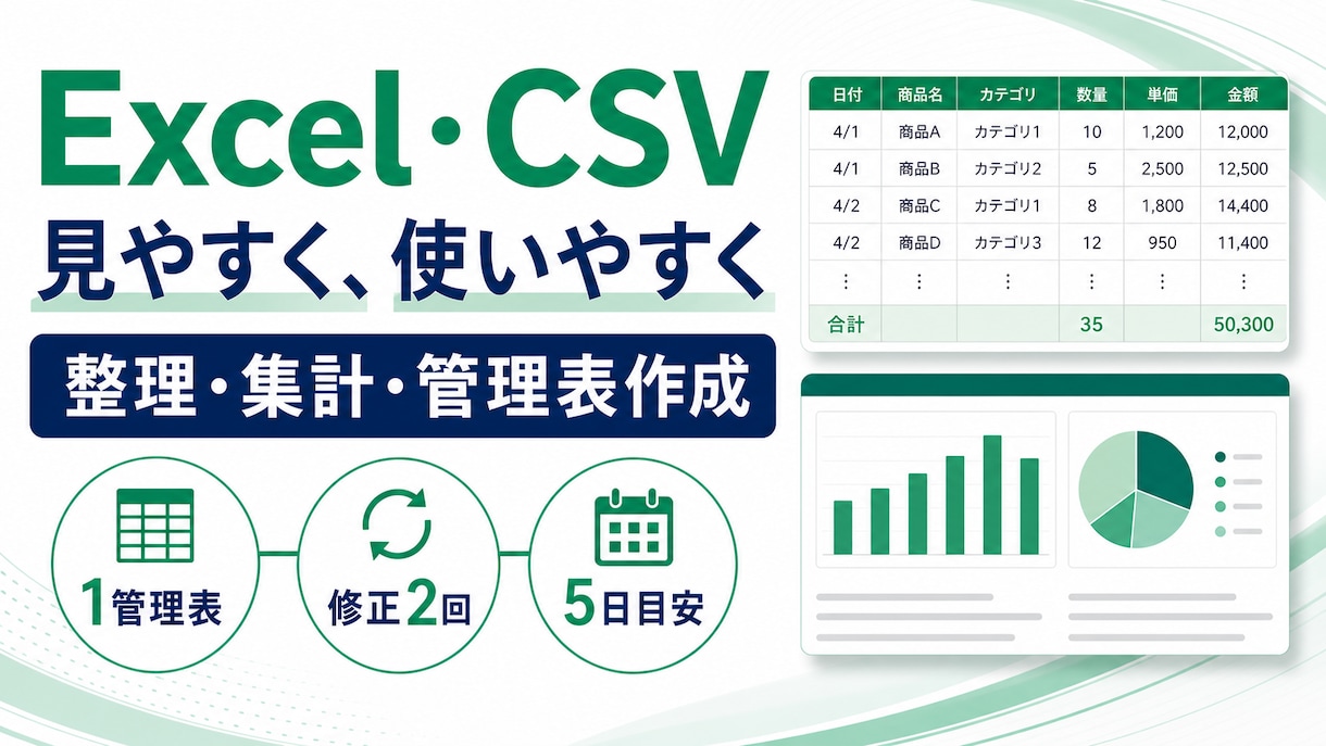 Excel・CSVを整理し管理表にします 集計・整形・見える化で定型作業を効率化します イメージ1