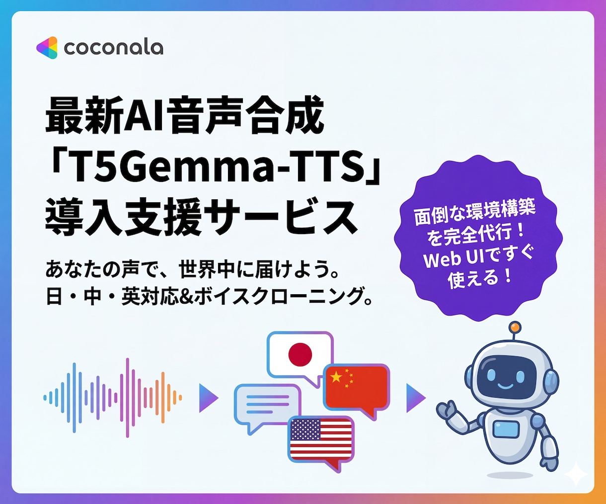 AI音声合成「T5Gemma-TTS」を導入します 「あの声」で、好きな言葉を。 最新AI音声合成を簡単導入 イメージ1