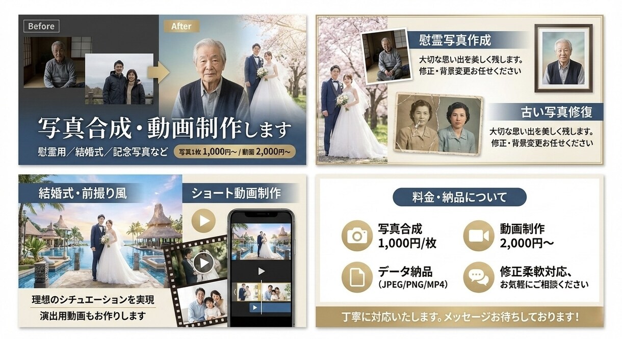 慰霊・結婚式・記念写真｜自然な写真合成・修正ます 大切な想いを、違和感のない一枚に。心を込めて仕上げます。 イメージ2
