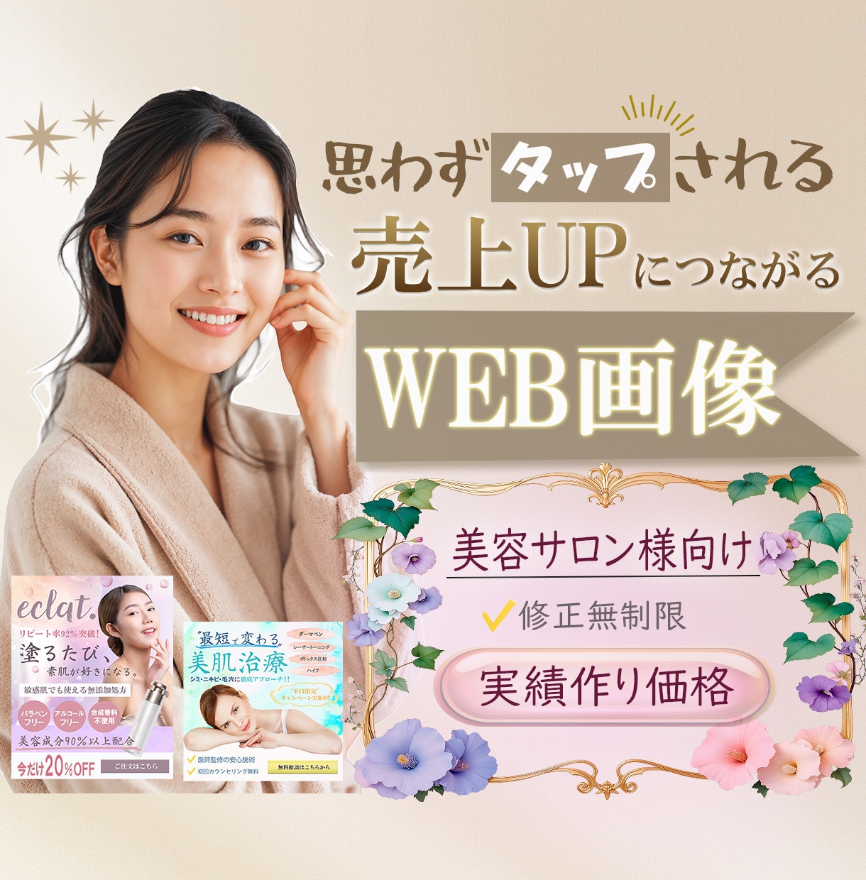 一瞬で目惹くクリックされやすいバナー、作ります 女性向け・美容系デザイン・修正無制限 イメージ1