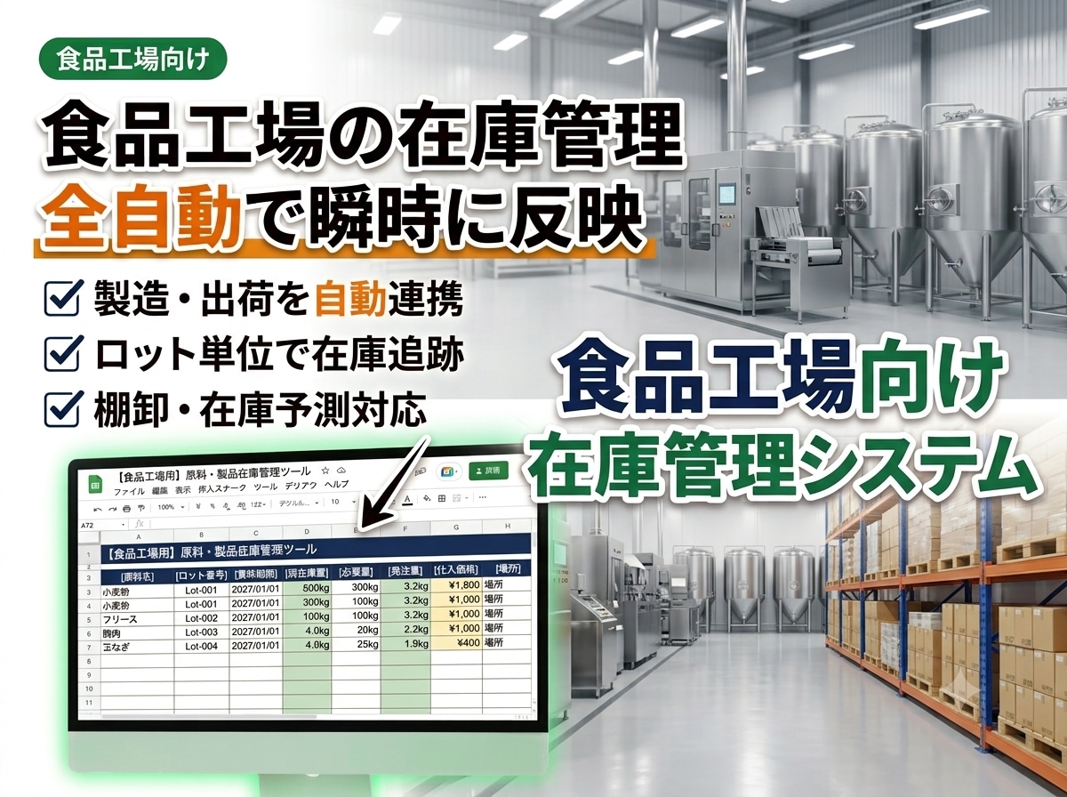 食品工場向け在庫管理システムを販売します ロット管理・出荷履歴・棚卸・在庫予測を1ファイルで完結します イメージ1