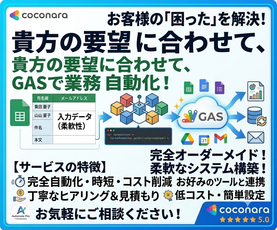 オーダーメイドで自動化ツール作成します ​「毎日1時間の単純作業、GASで一瞬にしませんか？」 イメージ1
