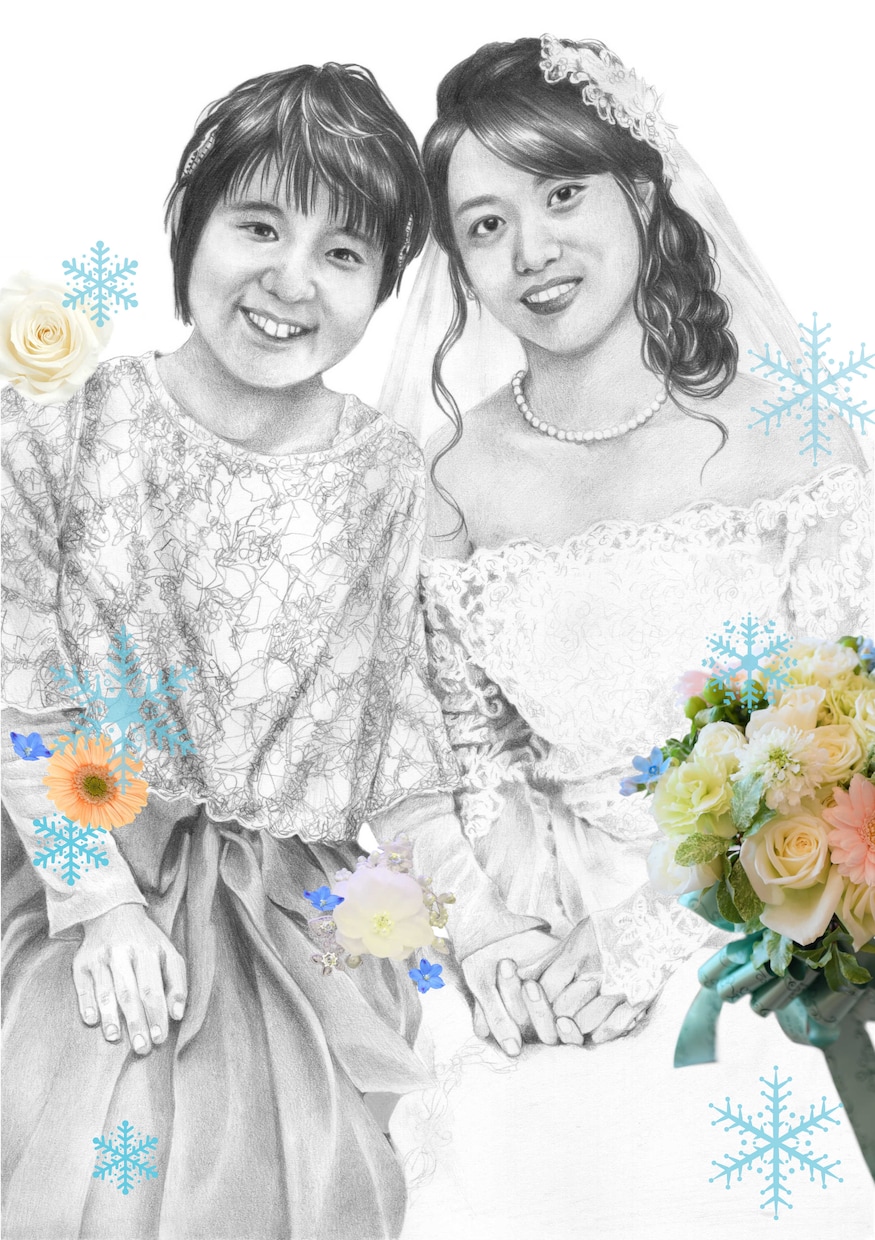 A3サイズ鉛筆画似顔絵のウェルカムボード作成します ハイクオリティなデッサン画にお洒落な文字メッセージデザイン♪ イメージ4