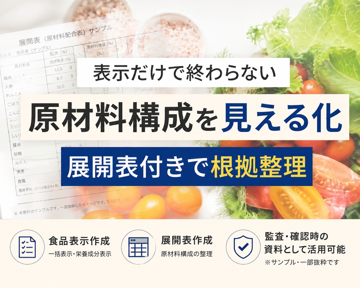 食品表示・栄養成分の表示案を作成します 品質保証10年以上｜食品表示と栄養成分計算をセットで承ります イメージ1
