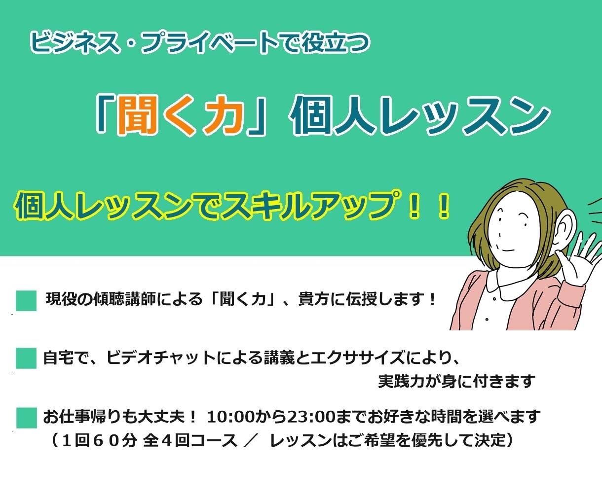 プロ講師が「聞く力」の個人レッスンします ／合計４回２４０分の講座です。夜間もＯＫ。 イメージ1