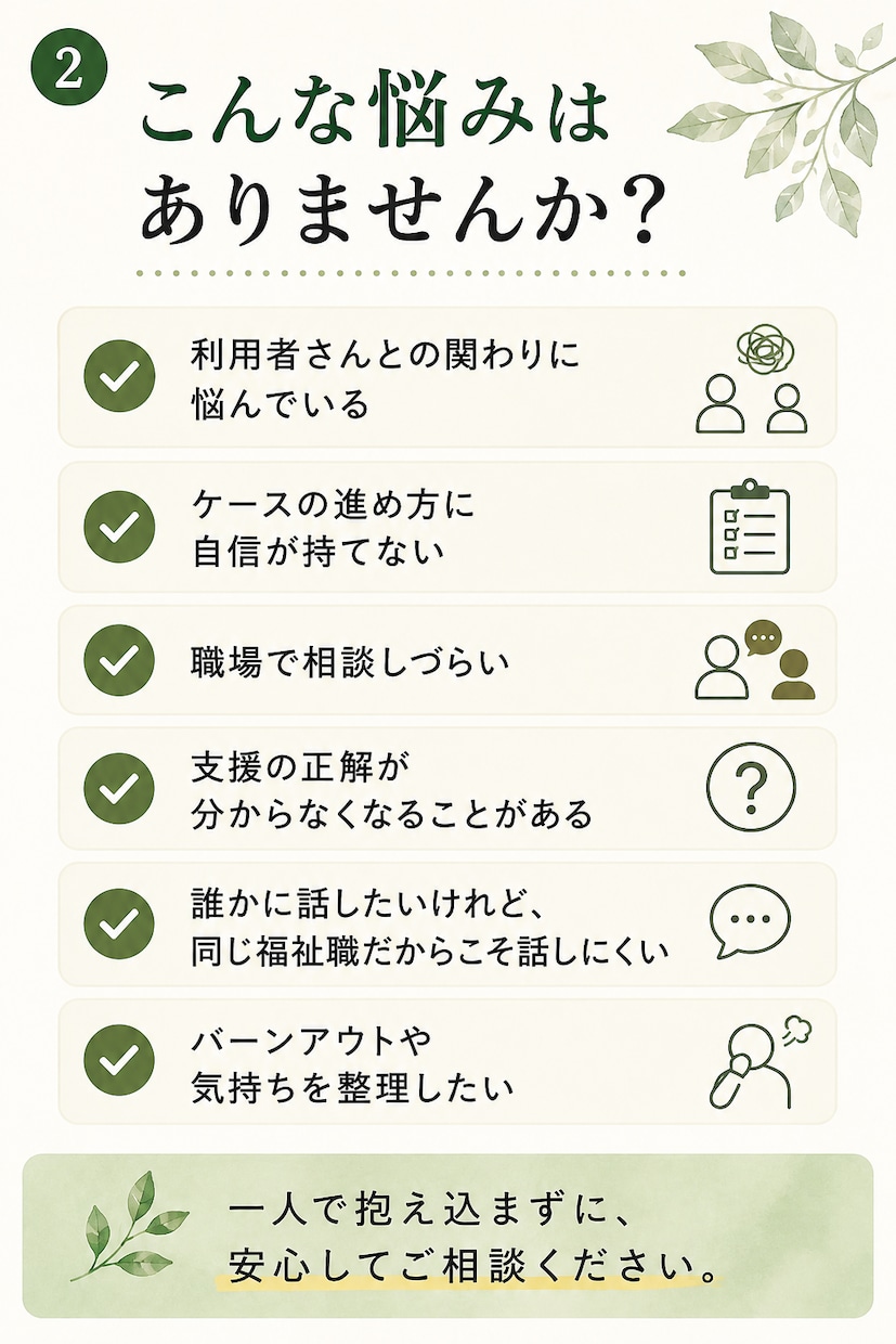 福祉職の「職場で聞けない支援の迷い」を整理します 現役精神保健福祉士と3日間、チャットで一緒に考えます イメージ2