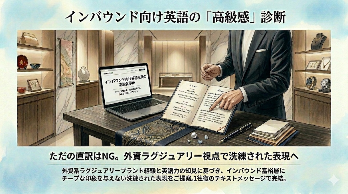 富裕層インバウンド向け英語の高級感チェックします ただの直訳はNG。外資ラグジュアリー視点で洗練された表現へ イメージ1