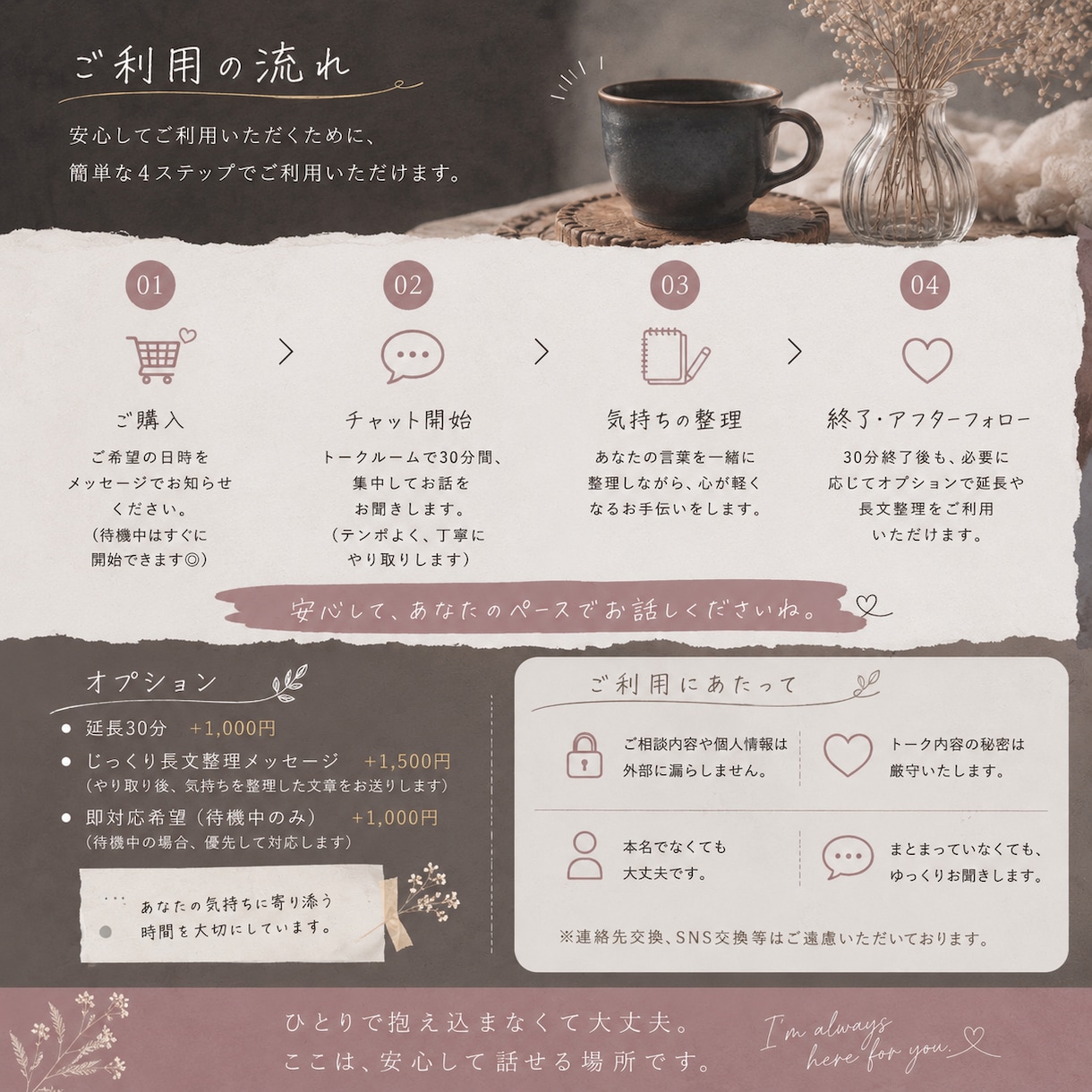 頭の中のモヤモヤ、優しく整理します 一人で悩んでいること、誰にも言えないこと、話していいんです イメージ2