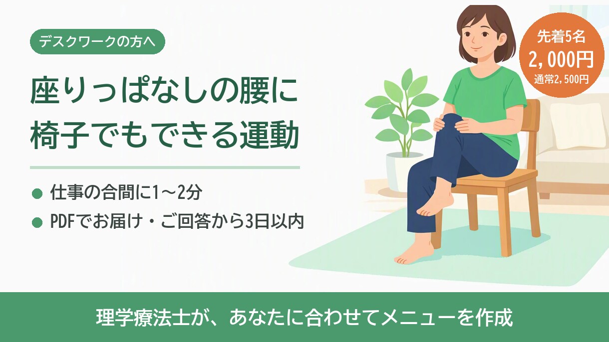 理学療法士がデスクワーク腰痛の運動メニュー作成ます 座りっぱなしの腰痛/肩こり/椅子でできるストレッチ イメージ1