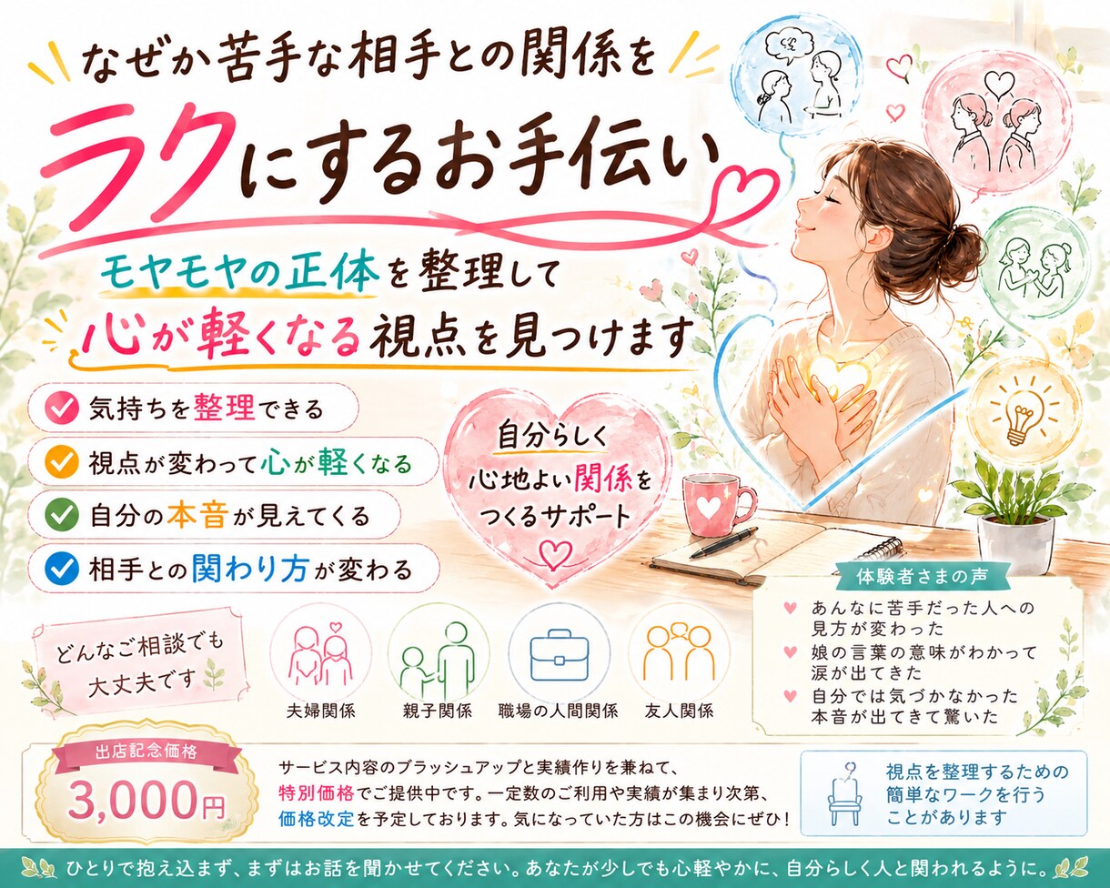 なぜか苦手な相手との関係をラクにするお手伝いします モヤモヤの正体を整理して心が軽くなる視点を見つけます イメージ1