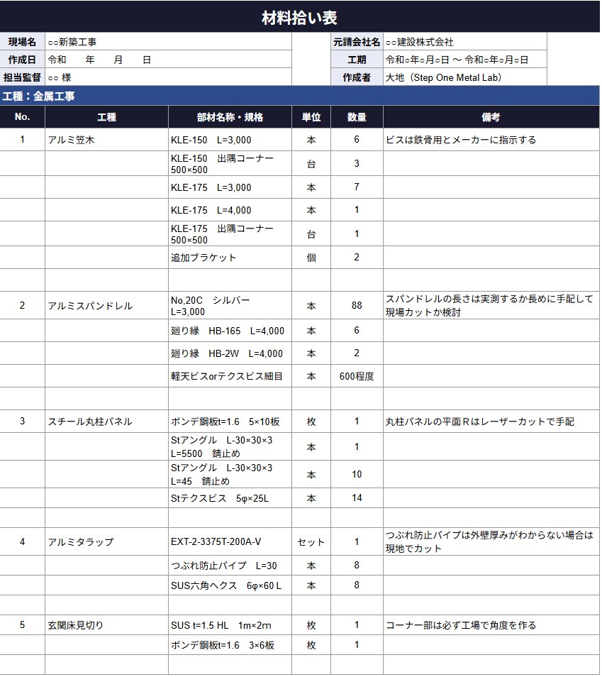 金属工事専門、材料拾い・ 重量計算をします 発注漏れ・数量ミスを 着工前に防ぎます イメージ2