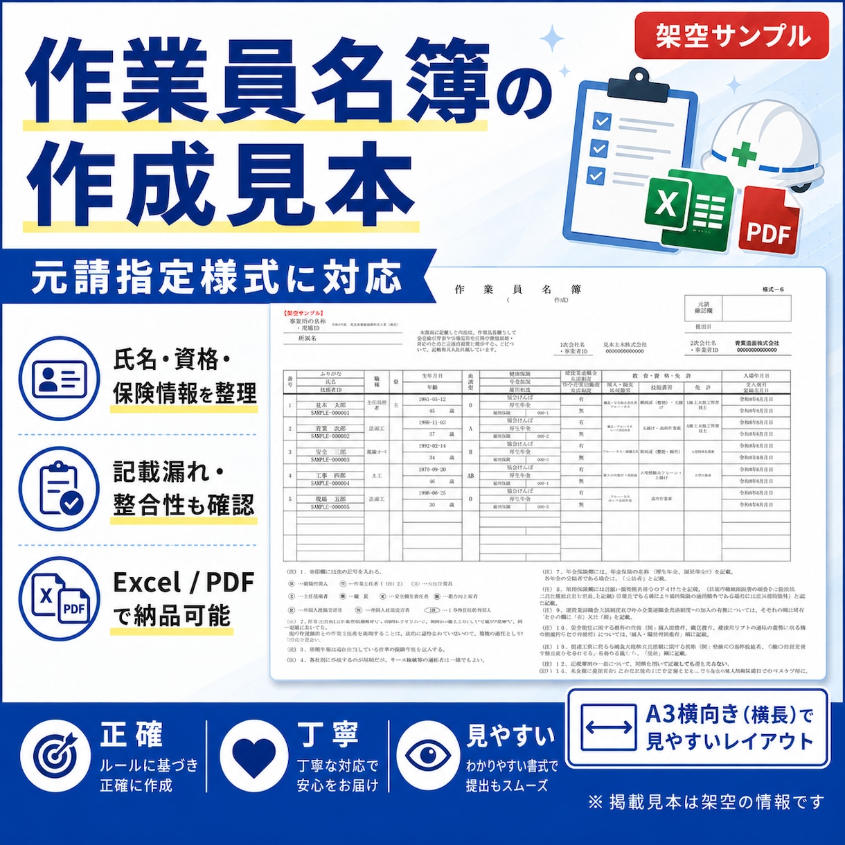 作業員名簿・再下請負通知書など安全書類を作成します 元請指定Excel様式への入力、不備確認、資格証整理にも対応 イメージ2