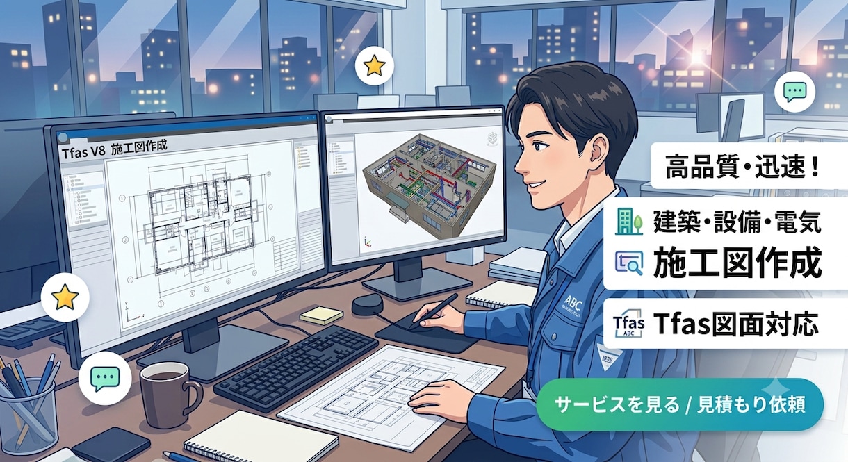 設備の施工図tfasで作成します 給排水衛生設備、消防設備、空気調和設備の施工図作成 イメージ1