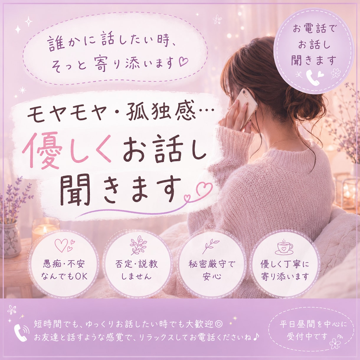愚痴・不安・孤独感、優しくお聞きします 恋愛、人間関係、嫌なことなど、どんなお話でも大丈夫です♪ イメージ1