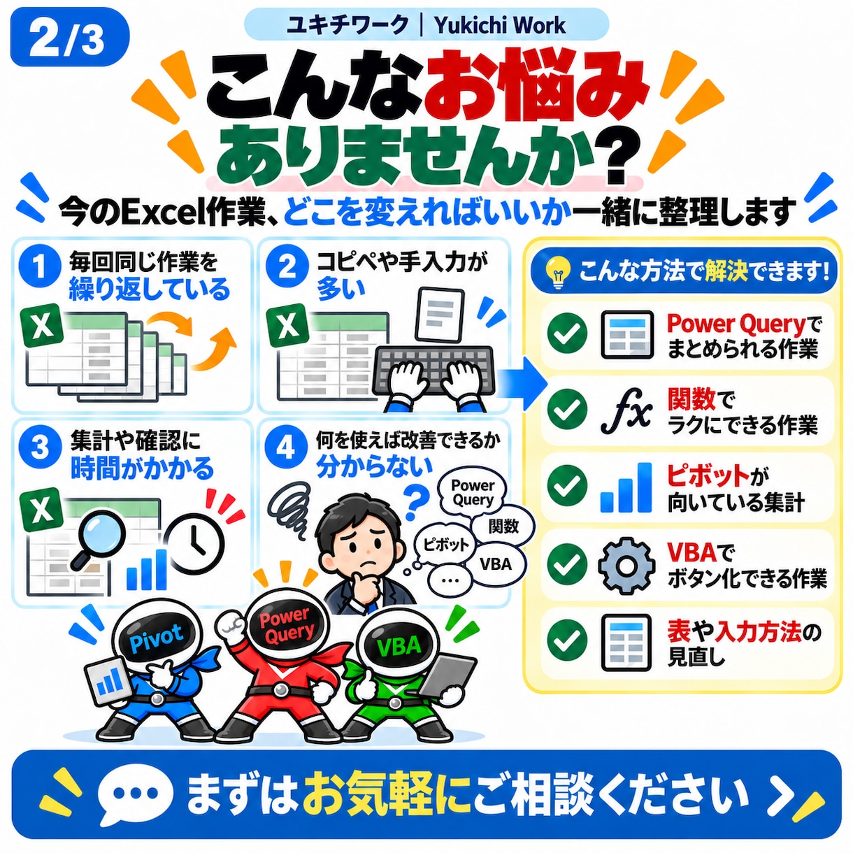 Excel作業を効率化できるか診断します 今の作業を見て、減らせる手間と改善方法をご提案します イメージ2