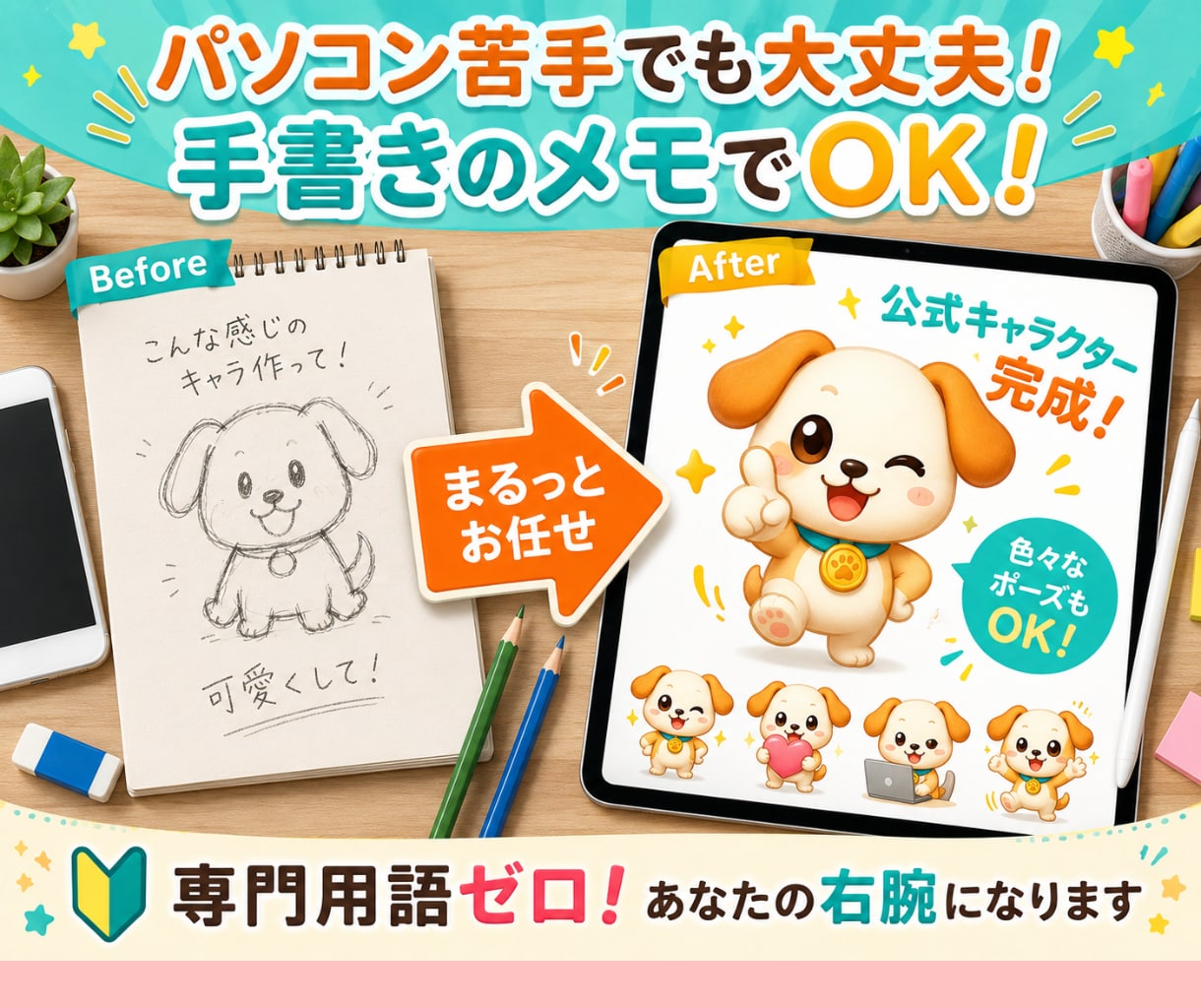 専門用語ゼロ！手書きのメモからチラシなどを作ります IT用語は使いません！丸投げOKの頼れる「右腕」です。 イメージ3