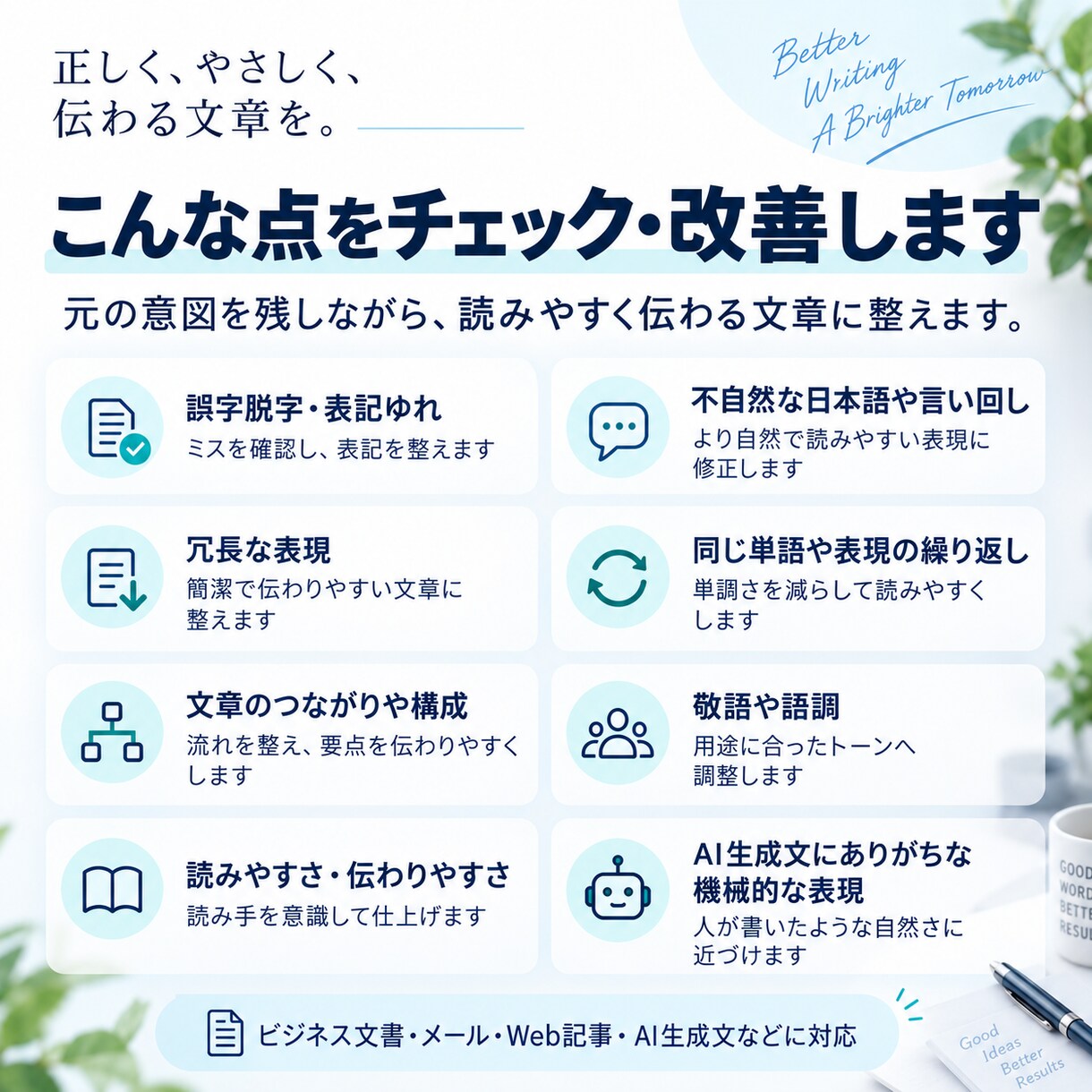 文章校正・リライトで読みやすく伝わる文章に整えます 誤字脱字だけでなく、構成・冗長表現・AIらしい表現までを網羅 イメージ3