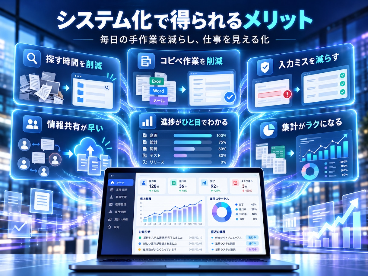 顧客・案件・在庫をまとめる業務システム作ります 必要な機能を組み合わせて、あなた用に作ります イメージ3