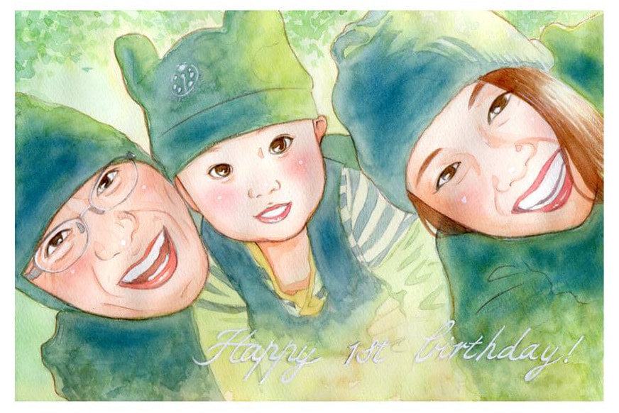 A4サイズ☆優しい水彩画の似顔絵お描きします 簡易額縁付き☆世界でただ一枚のオリジナルオーダー イメージ1