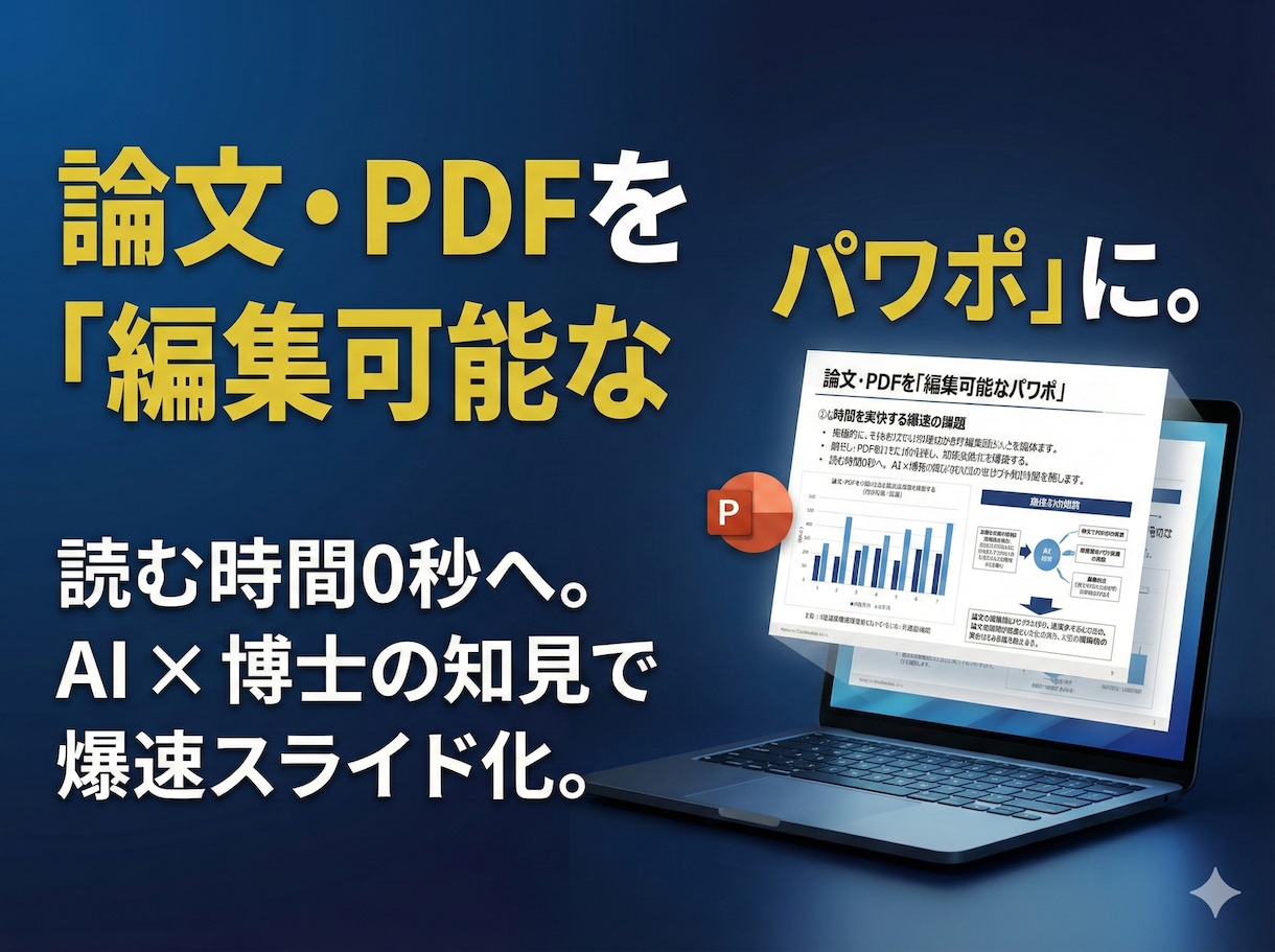 論文・PDFを編集可能なパワポにします 読む時間0秒へ。難解な資料を「伝わる」スライドにDX/PPT イメージ1