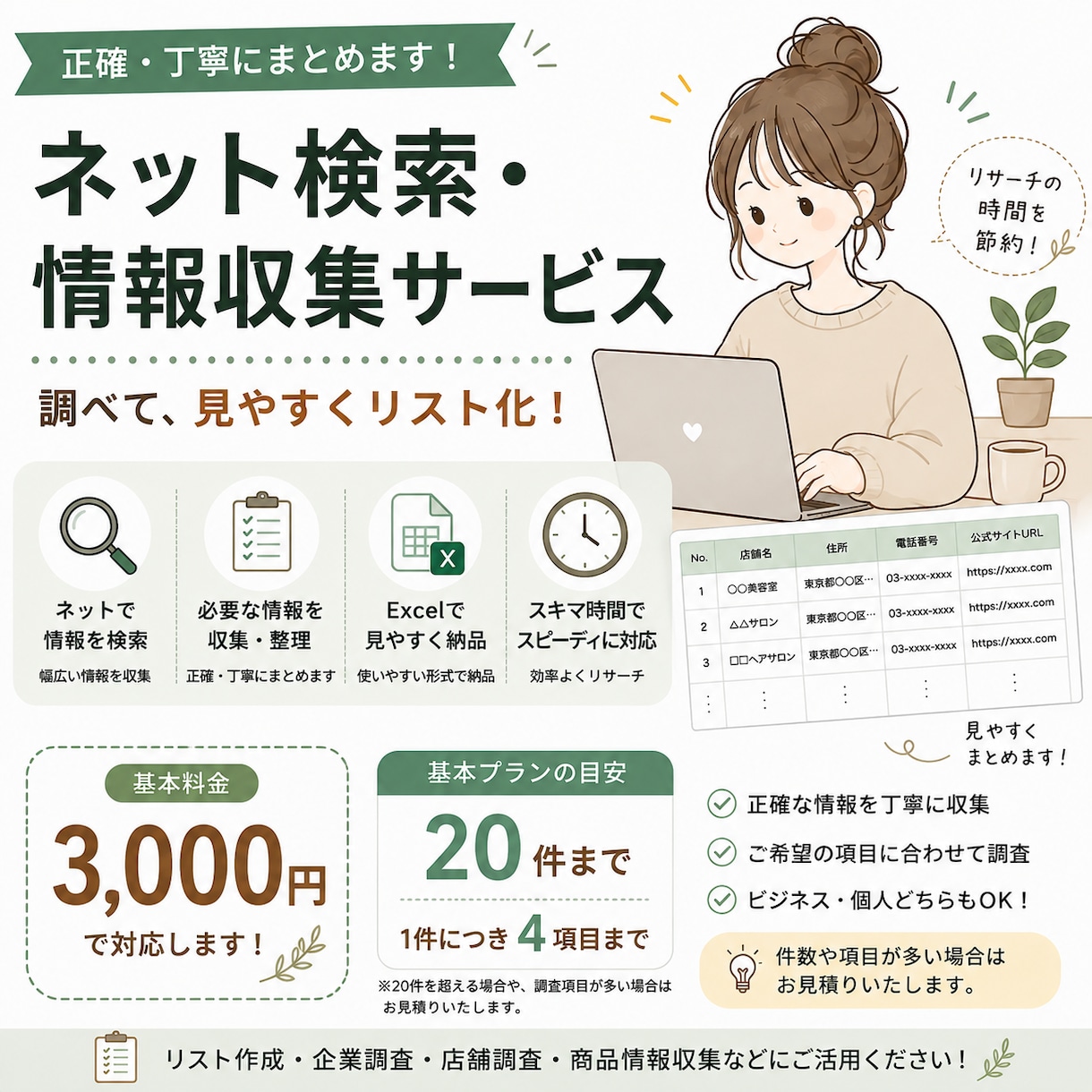 情報収集・リサーチをしてExcelにまとめます ご希望の条件に沿って丁寧に情報収集・リスト化します イメージ1