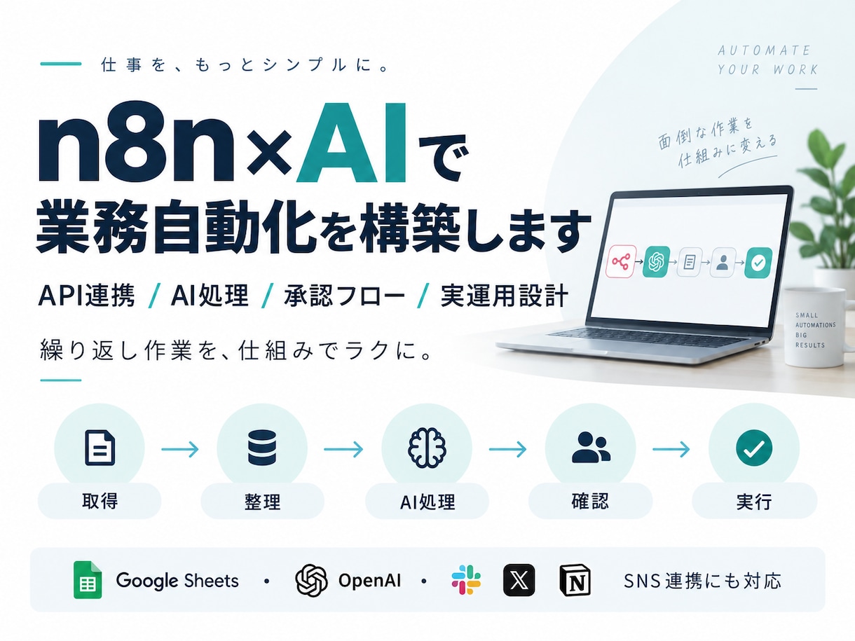 n8n×AIで業務自動化を構築します API連携・AI処理・承認フローまで実運用を想定して設計 イメージ1