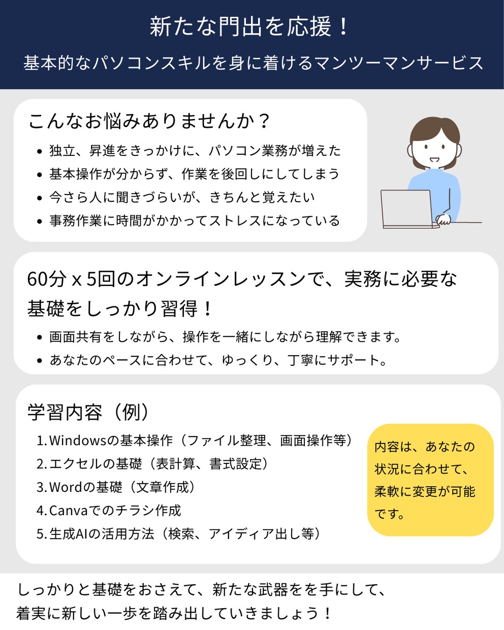 新たな門出を応援！基本的なパソコンスキルを教えます マンツーマンで、必要最低限のパソコンスキルを教えます イメージ1